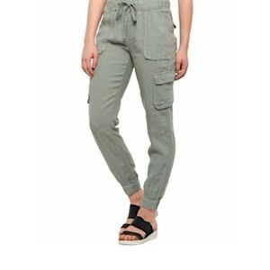 Nicole Miller Green 100% Linen Joggers Cargo Pants EUC M Lightweight